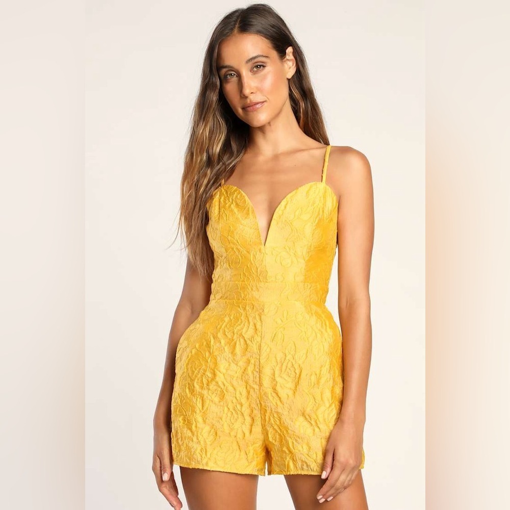 Lulus Sensation Savvy Mustard Yellow Floral Burnout Jacquard Romper size small